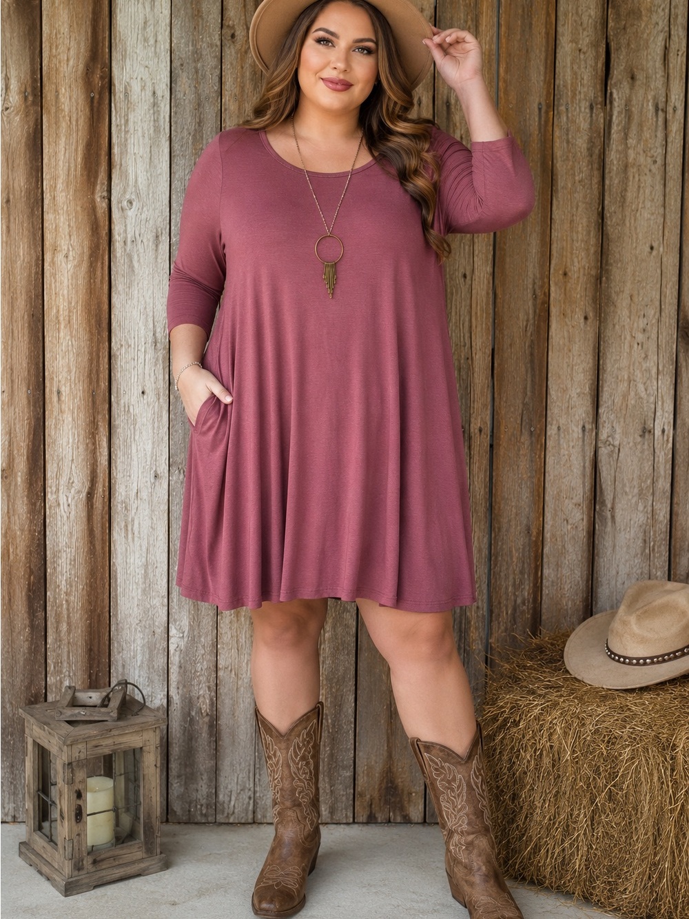 Pretty Rose 2X Mauve Pink Swing Dress | 3/4 Sleeve Soft Stretch Western Boho